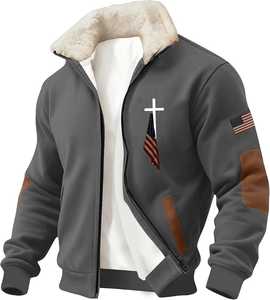 Blouson bomber zippé pour homme en polaire noir à col montant avec logo frontal, imprimé drapeau américain et croix, coupe classique, style moto hiver - Product Image 2