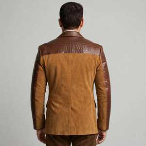 Brown Animal Print Casual Finished <b>Men's</b> PU Leather <b>Suede</b> Look Blazer <b>Jacket</b> Contrast Panel Patchwork Detail Turn-down Collar - Product Image 4
