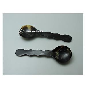 Horn and Resin Handle <b>Salad</b> Servers Set Horn <b>Spoon</b> and Fork Sets Horn Resin Aqua Swirl Used in Kitchen and Hotel - Product Image 3