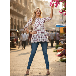 Blusa Peplum de Algodón Estampada para Mujer, Mangas 3/4, Estilo Casual Étnico, Talla XL, Tejido Popelina Transpirable, Patrón Floral Bordado - Product Image 1