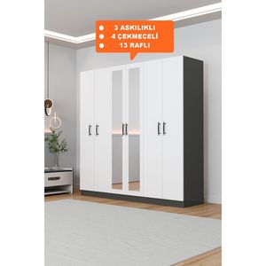 Tủ quần áo cải xoăn màu xám đậm nhân đôi thiết kế hiện đại Tủ 6 cửa màu trắng 4 ngăn kéo <span class=keywords><strong>3</strong></span> móc treo 13 kệ-Thích hợp cho phòng ngủ khách sạn - Product Image 6