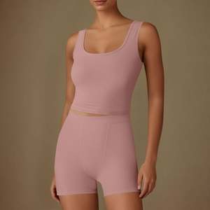 Ensembles d'entraînement pour femmes assortis 2 pièces sans couture côtelé soutien-gorge de sport débardeur et short taille haute Yoga Gym - Product Image 2