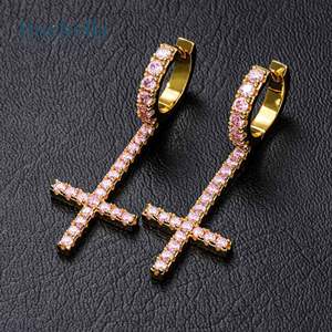 Vente chaude 925 Sterling Silver 14k Or Glacé Inversé Croix Boucles D'oreilles pour hommes Cadeau Rappeur Style Bijoux - Product Image 4
