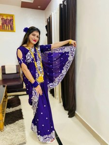 Sarouel de qualité supérieure brodé traditionnel indien Zari Work Soft Chinnon Saree pour la mariée et les filles - Product Image 3