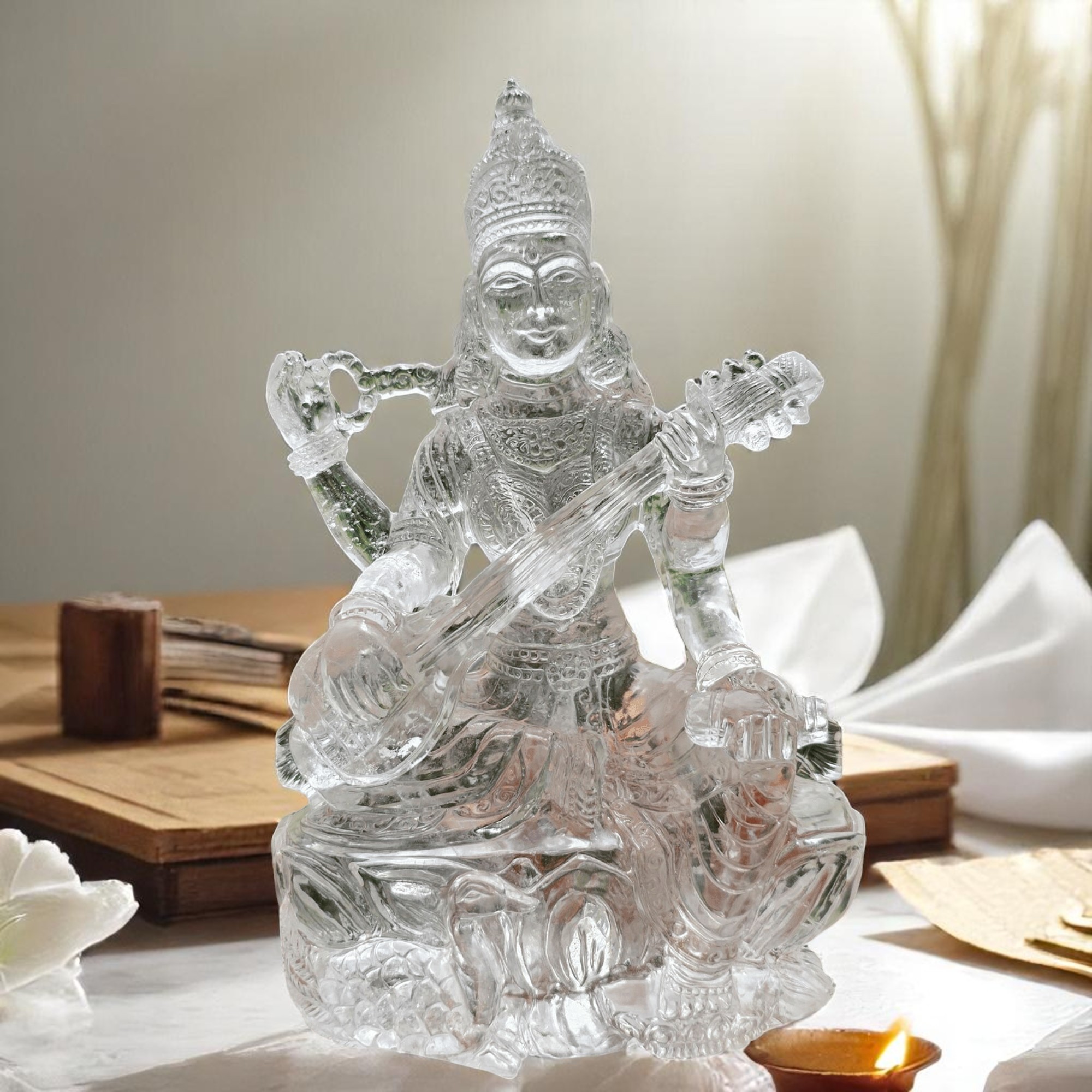 Clear Quartz Saraswati Mata Idol for Knowledge & Wisdom