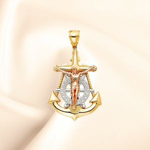 Élégant 14K Tri Couleur Or Mariner Christian Crucifix Croix Pendentif Haute Qualité Religieux Fine Jewelry - Product Image 6