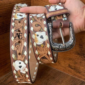 New Western Stylish Real Genuine Hand <b>Tooled</b> <b>Leather</b> Floral Paint Designer <b>Belts</b> High Quality Handmade <b>Leather</b> Unisex Waist <b>Belt</b> - Product Image 1