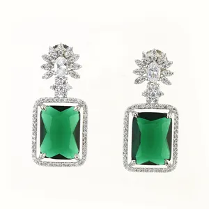 Rhodium Plated Classic Green Cubic Zirconia Earring 423061 Fashion Jewellery Exporter in India