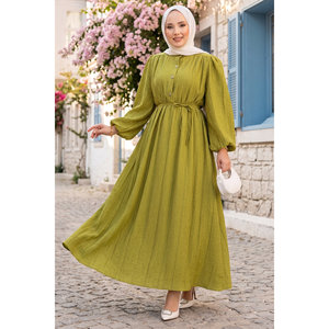 ชุดเดรสผ้าลินินสีเขียวมะกอก แขนครึ่งกระดุม แต่งระบาย แขนทรงบอลลูน สไตล์มุสลิมเรียบง่าย ลายทอเรียบง่าย ขนสัตว์ธรรมชาติ - Product Image 1