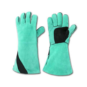 High Quality 7 oz 16INCH Breathable <b>Silicone</b>-free Powder-free Short Stripe Back Safety Cuff Patched Palm Cow Grain <b>Gloves</b> - Product Image 4