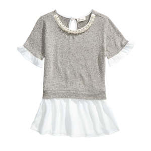 Top Grigio Extra Large Monteau per Ragazze, in Chiffon Decorato con Perle, Effetto Stratificato - Product Image 1