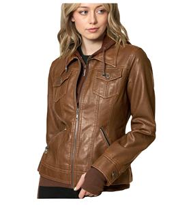 Veste en cuir unisexe de couleur personnalisée, décontractée, respirante, doublure en polaire, mi-longue, pour l'hiver, en cuir marron pour filles - Product Image 3