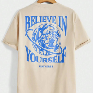 T-shirt pour homme en coton décontracté à manches courtes avec un motif amusant « Croyez en vous-même » de l'univers, respirant, ample et surdimensionné - Product Image 1