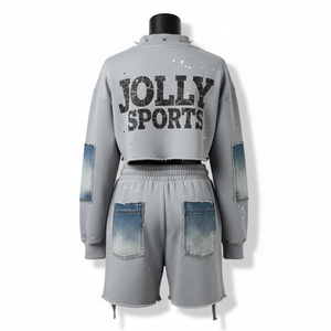 Ensemble court pour femme en coton et polyester molletonné gris avec empiècements et logo imprimé vieilli – Haut court et short 100 % coton - Product Image 2