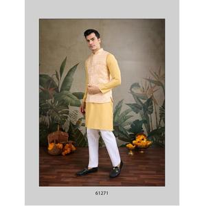 Veste de pyjama Kurta en soie lourde pour hommes Séquence de travail Koti indien pakistanais vêtements de mariage tenue décontractée au genou coupe régulière - Product Image 1