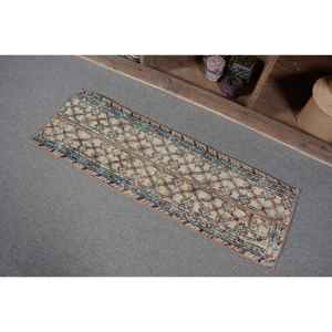 Classique Beige Bleu 1.2x 3.7ft Tapis En Laine À La Main Vintage Conception Turque Patchwork Forme pour Salon Couloir Latex - Product Image 3