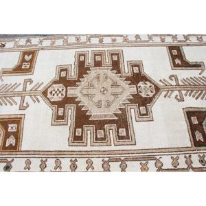 พรมวิ่งสไตล์ตุรกี ขนาด 4.4x12.8 ฟุต พรมวินเทจ พรมขนสัตว์ลายดอกไม้สีขาวน้ำตาล - Product Image 4