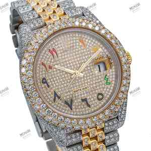 Montre personnalisée unisexe en acier inoxydable bicolore et or avec moissanite et diamant avec chiffres arabes colorés uniques, cadran classique - Product Image 4