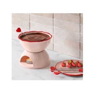 Authentique service à fondue en céramique fait à la main avec pot élégant, fourchettes en acier inoxydable et réchauffeur, parfait pour le dessert au fromage et au chocolat - Product Image 3