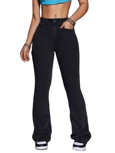 Jean évasé décontracté pour femme, taille mi-haute, coupe régulière, en polyester/coton respirant et coupe-vent, noir, vente en gros - Product Image 5