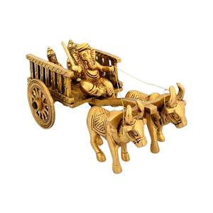 Handmade Golden Brass Ganesh Cow Cart Figurine <b>Religious</b> <b>Statue</b> Polished and Gravure Printed 1 Unit - Product Image 1