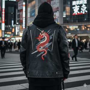Chaqueta de Cuero Negra con un Dragón Rojo Bordado en la Manga - Product Image 5
