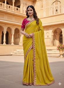 Sari de Georgette de Seda Estrella con Trabajo de C-Pallu y Diseño Lehariya, Estilo Tradicional para Fiestas, Bodas y Diwali - Product Image 2