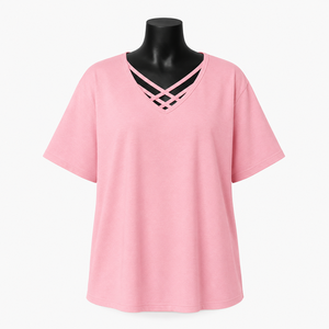 Camiseta Oversize Rosa Personalizada con Cuello en V y Tirantes Cruzados para Mujer, de Algodón, Estilo Casual Holgado, Streetwear, OEM ODM al por Mayor - Product Image 1