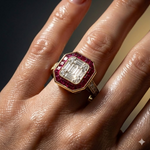 Bague de fiançailles rétro en rubis vintage, or jaune massif 18 carats, grappe de diamants carrés baguette avec carte d'assurance qualité - Product Image 2