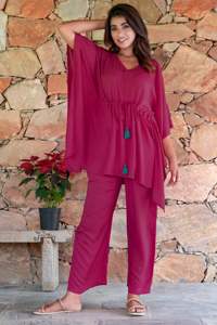 Kaftán informal de manga corta de color sólido para mujer con pantalón, novedad - Product Image 4