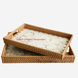 Bandeja de servicio de ratán natural hecha a mano con asas Bandeja de mesa de centro de mimbre cuadrada con Incrustaciones de nácar elegante para hotel - Product Image 2