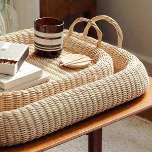 Plateau en rotin grand design de coin arrondi (naturel) fabriqué à la main écologique empilable multifonction deux tailles deux couleurs naturel - Product Image 6