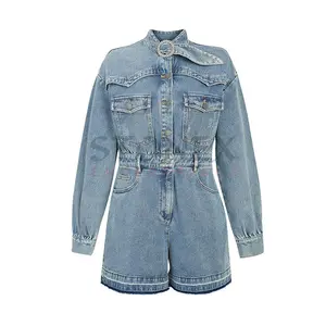 Stylish Casual Ladies Street Wear Light Blue Denim Jean Long Sleeve Shirts Short Pants Women's Jumpsuit Romper