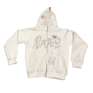 Wholesale Full <b>Zip</b> <b>up</b> <b>Hoodie</b> Rhinestone <b>Graphic</b> Logo Drop Shoulder Full Face Zipper Hoodies - Product Image 2