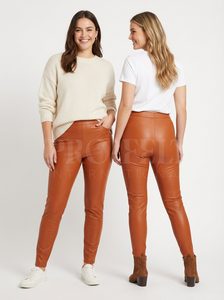 Pantalons en similicuir pour le streetwear et le bureau, coupe slim, grain lisse, devant dissimulé, élégant, jambe droite, pantalon en cuir tendance - Product Image 4