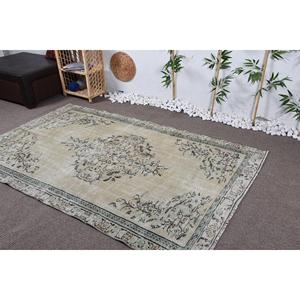 พรมตุรกี ขนาด 4.8x7.7 ฟุต พรมวินเทจ สีเบจ-น้ำเงิน ลายปะติดปะต่อ ทำจากขนสัตว์ - Product Image 4