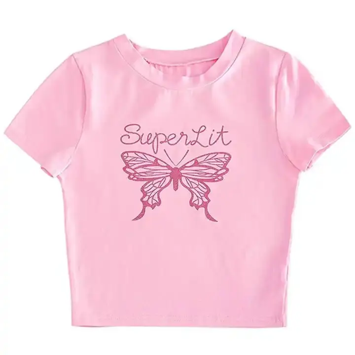Camisetas com estampa de borboleta com logotipo personalizado por atacado, blusas curtas casuais justas com gola redonda e gola redonda