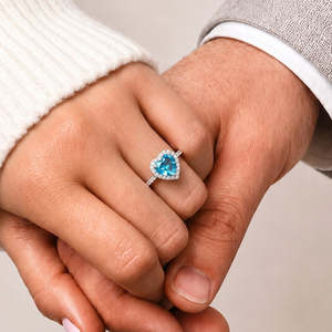 NOVAMART Fine Hallmark Silver Geometric Heart <b>Ring</b> Marine Blue Zircon Pink Sapphire Set Platinum Rhodium Plated Natural for Enga - Product Image 1