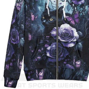 Women's Winter Black <b>Cat</b> & Purple Rose Zip-Up <b>Hoodie</b> Premium Quality Front Logo Super Soft Terry Fabric <b>Hoodie</b> - Product Image 5