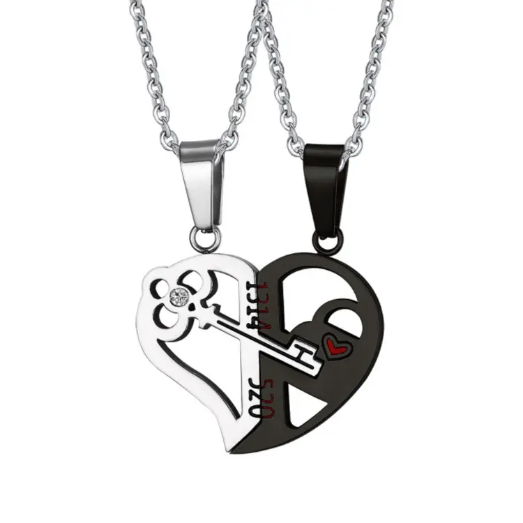 Hot Sale Engraved 520 Broken Heart Pendant Necklace Splicing Key Stainless Steel Hollow Out Love Shaped Couple Necklace /