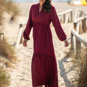 เดรสยาวผ้าฝ้ายทอมือสไตล์โบฮีเมียนสุดโรแมนติกหวานละมุน ทรงหลวม แขนยาว ลายเรียบ สำหรับใส่ในชีวิตประจำวัน - Product Image 1