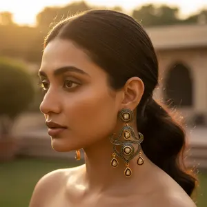 Boucles d'oreilles pendantes en or plaqué et diamants pour femmes, style vintage, or blanc, bijoux imposants avec perle et moissanite pour mariage - Product Image 2