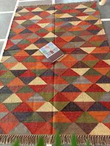 Handwoven Wool Kilim Rug, Maroon Geometric Carpet, Boho Living Room Area Rug, Checkered Pattern Floor <b>Mat</b>, high Wool Cot Dhurrie - Product Image 4