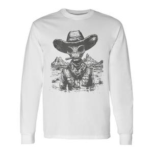 T-Shirt Vintage a Maniche Lunghe con Design Western Cowboy e Alieno, Stile Retrò Promozionale - Product Image 1