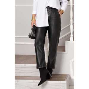 Women's Casual Black Leather Pants with Elastic Waistband Breathable <b>PU</b> Fabric XL Size Pencil Style <b>Leggings</b> Wrinkled Technics - Product Image 4
