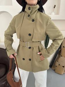 <b>Women</b> Olive Green Safari Jacket With <b>Belt</b> Full Sleeve Stand Collar Double Breasted Windproof Autumn Wear - Product Image 6