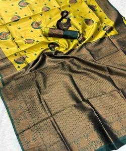 SAREE DE TRAVAIL DE TISSAGE ZARI EN SOIE BANARASI MODERNE AVEC BLOUSE NON COUCHÉE VÊTEMENT DE RÉCEPTION PRIX DE GROS TISSU SAREE ETHNIQUE DE VÊTEMENT - Product Image 5