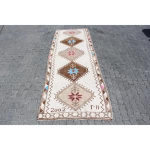 3.9x11.5 ft Turkish Rug, Herki Rug, <b>Brown</b> Polka dot Rug <b>Wool</b> - Product Image 1