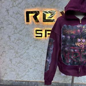 Sudadera con capucha morada para hombre, con cremallera, estilo oversize, diseño estampado streetwear, logotipo frontal por sublimación, manga regular, tejido de punto. - Product Image 3