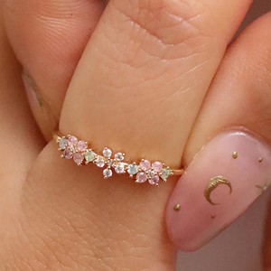 925 Sterling Silver Petals Flower <b>Ring</b> with Triple Cubic Zirconia Delicate Pink <b>Rose</b> <b>Quartz</b> for Weddings and Parties - Product Image 1